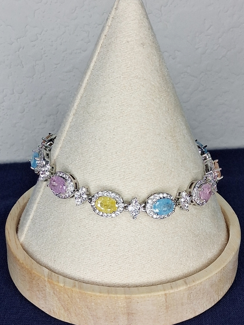 Multi-Color Pastel Oval Cubic Zirconia Tennis Silver Bracelet